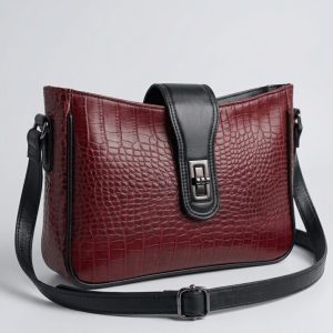 Premium genuine leather shoulder bag Luxury women’s leather crossbody bag Red wine crocodile leather handbag Stylish ladies shoulder bag Genuine leather premium handbag Elegant women’s crossbody purse